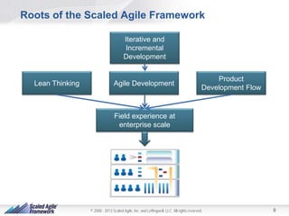 Roots of the Scaled Agile Framework
Iterative and
Incremental
Development

Lean Thinking

Agile Development

Product
Development Flow

Field experience at
enterprise scale

© 2008 - 2013 Scaled Agile, Inc. and Leffingwell, LLC. All rights reserved.

8

 