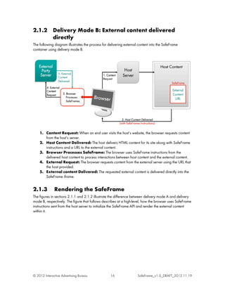 2.1.2 Delivery Mode B: External content delivered
      directly
The following diagram illustrates the process for delivering external content into the SafeFrame
container using delivery mode B.




    1. Content Request: When an end user visits the host’s website, the browser requests content
       from the host’s server.
    2. Host Content Delivered: The host delivers HTML content for its site along with SafeFrame
       instructions and a URL to the external content.
    3. Browser Processes SafeFrame: The browser uses SafeFrame instructions from the
       delivered host content to process interactions between host content and the external content.
    4. External Request: The browser requests content from the external server using the URL that
       the host provided.
    5. External content Delivered: The requested external content is delivered directly into the
       SafeFrame iframe.


2.1.3         Rendering the SafeFrame
The figures in sections 2.1.1 and 2.1.2 illustrate the difference between delivery mode A and delivery
mode B, respectively. The figure that follows describes at a high-level, how the browser uses SafeFrame
instructions sent from the host server to initialize the SafeFrame API and render the external content
within it.




© 2012 Interactive Advertising Bureau              16                SafeFrame_v1.0_DRAFT_2012.11.19
 