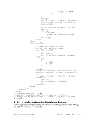 siteID:      "140509"
                                                             }
                                                 }
                                           }
                                           </script>
                                           <-- b/c a "dest" tag exists (the overall
                                           div container) container tags will be
                                           rendered here -->

                                           <-- optional noscript section for fall
                                           back -->
                                           <noscript>
                                                 <img src=
                                                 "http://ext.server.com/img.gif"
                                                 />
                                           </noscript>
                                 </div>
                           </td>
                           <td valign='top'>

                                    <-- SafeFrame Inline Tag 2 -->
                                    <script type='text/x-safeframe'
                                    class='iab_sf_data'>
                                    {
                                          id: "LREC2",
                                          src: "http://externalserver.com/data-
                                    tag",
                                          conf:
                                          {
                                                w: 300,
                                                h: 250
                                          }
                                    }
                                    </script>
                                    <-- b/c a "dest" tag exists (the overall div
                                    container) container tags will be rendered here
                                    -->
                                    <-- optional noscript section for fall back -->
                                    <noscript>
                                          <img src=
                                          "http://ext.server.com/img.gif"
                                          />
                                    </noscript>
                  </td>
            </tr>
      </tbody>
</table>
<-- SafeFrame Host library / API -->
<script type='text/javascript' src='sf-api-boot.js'></script>
<-- script code in external file will automatically 'boot' and read
data tags -->

3.1.2.2       Example: SafeFrame host library before data tags
Another way to implement a SafeFrame tag is to first define the host library, then provide the data tags,
and finally call $sf.host.boot explicitly.



© 2012 Interactive Advertising Bureau              27                SafeFrame_v1.0_DRAFT_2012.11.19
 