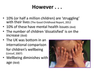 However . . .
• 10% (or half a million children) are ‘struggling’
with their lives (The Good Childhood Report, 2012
• 10% of these have mental health issues (ibid)
• The number of children ‘dissatisfied’ is on the
increase (ibid)
• The UK was bottom in an
international comparison
for children’s wellbeing
(Unicef, 2007)

• Wellbeing diminishes with
age (ibid)

 