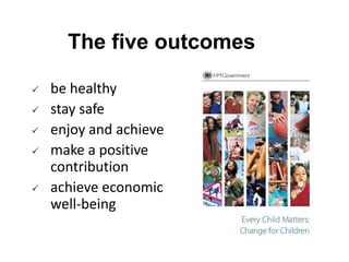 The five outcomes








be healthy
stay safe
enjoy and achieve
make a positive
contribution
achieve economic
well-being

 