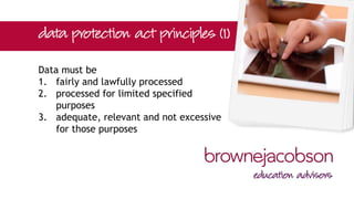 Data must be
1. fairly and lawfully processed
2. processed for limited specified
purposes
3. adequate, relevant and not excessive
for those purposes
 