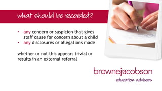 • any concern or suspicion that gives
staff cause for concern about a child
• any disclosures or allegations made
whether or not this appears trivial or
results in an external referral
 