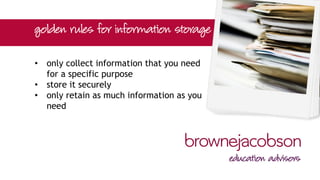 • only collect information that you need
for a specific purpose
• store it securely
• only retain as much information as you
need
 