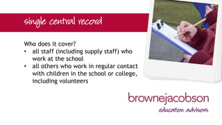 Who does it cover?
• all staff (including supply staff) who
work at the school
• all others who work in regular contact
with children in the school or college,
including volunteers
 