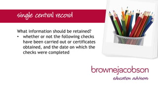 What information should be retained?
• whether or not the following checks
have been carried out or certificates
obtained, and the date on which the
checks were completed
 