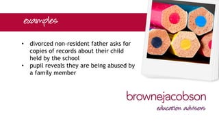 • divorced non-resident father asks for
copies of records about their child
held by the school
• pupil reveals they are being abused by
a family member
 