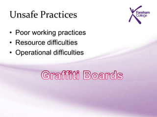 Unsafe Practices
• Poor working practices
• Resource difficulties
• Operational difficulties
 
