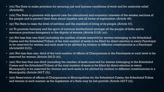 • (vii) The State to make provision for securing just and humane conditions of work and for maternity relief
(Article42).
• (viii) The State to promote with special care the educational and economic interests of the weaker sections of
the people and to protect them from social injustice and all forms of exploitation (Article 46).
• (ix) The State to raise the level of nutrition and the standard of living of its people (Article 47).
• (x) To promote harmony and the spirit of common brotherhood amongst all the people of India and to
renounce practices derogatory to the dignity of women (Article 51(A) (e)).
• (xi) Not less than one-third (including the number of seats reserved for women belonging to the Scheduled
Castes and the Scheduled Tribes) of the total number of seats to be filled by direct election in every Panchayat
to be reserved for women and such seats to be allotted by rotation to different constituencies in a Panchayat
(Article243 D(3)).
• (xii) Not less than one- third of the total number of offices of Chairpersons in the Panchayats at each level to be
reserved for women (Article 243 D (4)).
• (xiii) Not less than one-third (including the number of seats reserved for women belonging to the Scheduled
Castes and the Scheduled Tribes) of the total number of seats to be filled by direct election in every
Municipality to be reserved for women and such seats to be allotted by rotation to different constituencies in a
Municipality (Article 243 T (3)).
• (xiv) Reservation of offices of Chairpersons in Municipalities for the Scheduled Castes, the Scheduled Tribes
and women in such manner as the legislature of a State may by law provide (Article 243 T (4)).
 