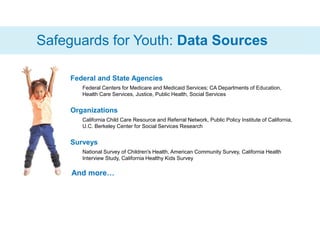 Safeguards for Youth: Data Sources
Federal and State Agencies
Federal Centers for Medicare and Medicaid Services; CA Departments of Education,
Health Care Services, Justice, Public Health, Social Services
Organizations
California Child Care Resource and Referral Network, Public Policy Institute of California,
U.C. Berkeley Center for Social Services Research
Surveys
National Survey of Children's Health, American Community Survey, California Health
Interview Study, California Healthy Kids Survey
And more…
 