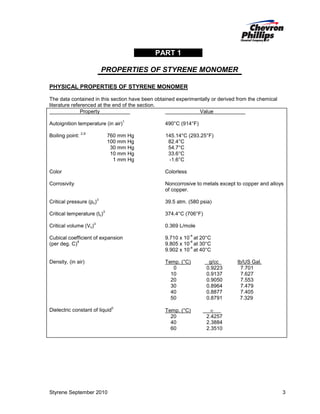 PART 1
PROPERTIES OF STYRENE MONOMER
PHYSICAL PROPERTIES OF STYRENE MONOMER
The data contained in this section have been obtained experimentally or derived from the chemical
literature referenced at the end of the section.
Property
Value
Autoignition temperature (in air)
Boiling point:

2,9

1

760 mm Hg
100 mm Hg
30 mm Hg
10 mm Hg
1 mm Hg

490°C (914°F)
145.14°C (293.25°F)
82.4°C
54.7°C
33.6°C
-1.6°C

Color

Colorless

Corrosivity

Noncorrosive to metals except to copper and alloys
of copper.

Critical pressure (pc)

3

Critical temperature (tc)
Critical volume (Vc)

39.5 atm. (580 psia)
3

374.4°C (706°F)

3

0.369 L/mole
-4

Cubical coefficient of expansion
4
(per deg. C)

9.710 x 10 at 20°C
-4
9.805 x 10 at 30°C
-4
9.902 x 10 at 40°C

Density, (in air)

Temp. (°C)
0
10
20
30
40
50

g/cc
0.9223
0.9137
0.9050
0.8964
0.8877
0.8791

Temp. (°C)
20
40
60

∈
2.4257
2.3884
2.3510

Dielectric constant of liquid

Styrene September 2010

5

lb/US Gal.
7.701
7.627
7.553
7.479
7.405
7.329

3

 