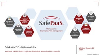 | Copyright ©. SafePaaS, Inc.
SafeInsight™ Predictive Analytics
Discover Hidden Risks, Improve Bottomline with Advanced Controls
The Leader in
Information Risk Management
Webinar January 22
2020
 