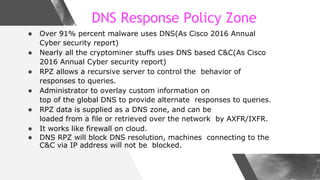 DNS Response Policy Zone
● Over 91% percent malware uses DNS(As Cisco 2016 Annual
Cyber security report)
● Nearly all the ...