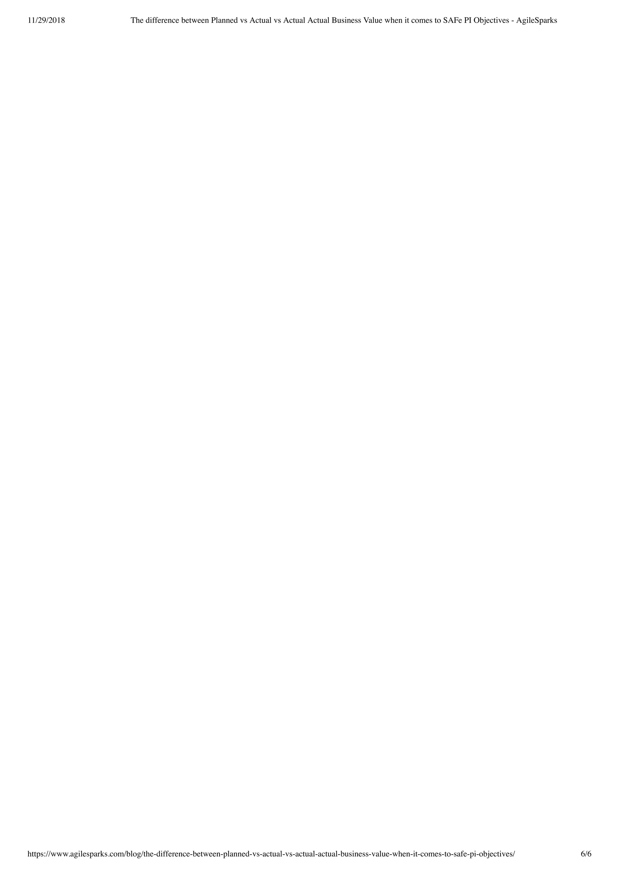 11/29/2018 The difference between Planned vs Actual vs Actual Actual Business Value when it comes to SAFe PI Objectives - AgileSparks
https://www.agilesparks.com/blog/the-difference-between-planned-vs-actual-vs-actual-actual-business-value-when-it-comes-to-safe-pi-objectives/ 6/6
 