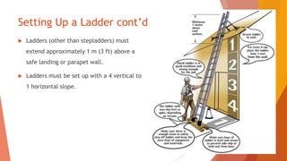 Setting Up a Ladder cont’d
 Ladders (other than stepladders) must
extend approximately 1 m (3 ft) above a
safe landing or parapet wall.
 Ladders must be set up with a 4 vertical to
1 horizontal slope.
 