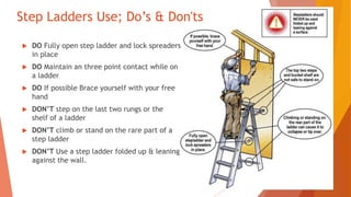 Step Ladders Use; Do’s & Don'ts
 DO Fully open step ladder and lock spreaders
in place
 DO Maintain an three point contact while on
a ladder
 DO If possible Brace yourself with your free
hand
 DON’T step on the last two rungs or the
shelf of a ladder
 DON’T climb or stand on the rare part of a
step ladder
 DON’T Use a step ladder folded up & leaning
against the wall.
 