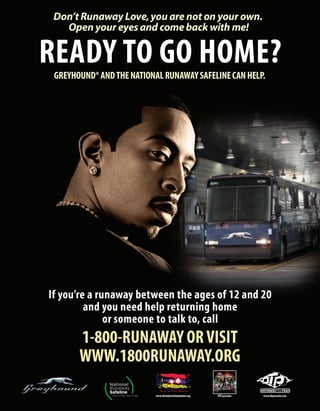 Poster for HomeFree Program for Runaway and Homeless Youth by Greyhound and National Runaway Safeline 
