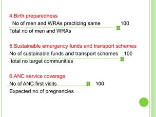 4.Birth preparedness
 No of men and WRAs practicing same         100
Total no of men and WRAs

5.Sustainable emergency funds and transport schemes
No of sustainable funds and transport schemes 100
total no target communities

6.ANC service coverage
No of ANC first visits            100
Expected no of pregnancies
 