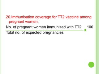 20.Immunisation coverage for TT2 vaccine among
 pregnant women:
No. of pregnant women immunized with TT2 100
Total no. of expected pregnancies
 