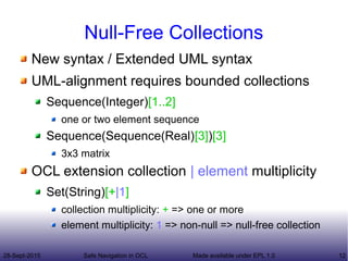 28-Sept-2015 Safe Navigation in OCL 12Made available under EPL 1.0
Null-Free Collections
New syntax / Extended UML syntax
UML-alignment requires bounded collections
Sequence(Integer)[1..2]
one or two element sequence
Sequence(Sequence(Real)[3])[3]
3x3 matrix
OCL extension collection | element multiplicity
Set(String)[+|1]
collection multiplicity: + => one or more
element multiplicity: 1 => non-null => null-free collection
 