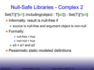 28-Sept-2015 Safe Navigation in OCL 16Made available under EPL 1.0
Null-Safe Libraries - Complex 2
Set(T)[*|e1]::including(object : T[e2]) : Set(T)[*|e3]
Informally: result is null-free if
source is null-free and argument object is non-null
Formally:
null-free = true
non-null = true
e3 = e1 and e2
Pessimistic static modeled definitions
 