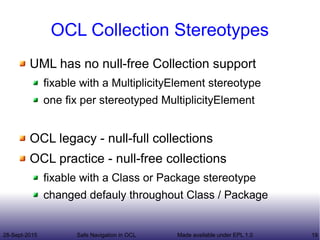 28-Sept-2015 Safe Navigation in OCL 19Made available under EPL 1.0
OCL Collection Stereotypes
UML has no null-free Collection support
fixable with a MultiplicityElement stereotype
one fix per stereotyped MultiplicityElement
OCL legacy - null-full collections
OCL practice - null-free collections
fixable with a Class or Package stereotype
changed defauly throughout Class / Package
 