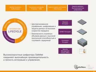 Защита каналов –
     Identity Protection -   Transaction and Identity   Data Encryption and Control
                                                                                           Высокоскоростное
        Authentication          Protection - HSM              – Data Secure
                                                                                             шифрование




                                                                             Ethernet
                              > Централизованное                             Encryptor
                                управление, шифрование и
                                защита данных на высоких
                                скоростях передачи                       SONET Encryptor
                              > Безопасность огромных
                                объемов данных с высокой
                                пропускной способностью и
                                «нулевой» задержкой                         Conversion
                                                                             Encryptor




                                                                             Security
                                                                           Management
                                                                           Center (SMC)
Высокоскоростные шифраторы SafeNet
соединяют высочайшую производительность
и легкость интеграции и управления.




                                                                                                              15
 