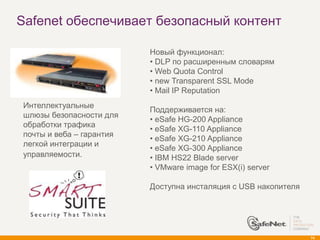 Safenet обеспечивает безопасный контент

                          Новый функционал:
                          • DLP по расширенным словарям
                          • Web Quota Control
                          • new Transparent SSL Mode
                          • Mail IP Reputation
Интеллектуальные
                          Поддерживается на:
шлюзы безопасности для
                          • eSafe HG-200 Appliance
обработки трафика
                          • eSafe XG-110 Appliance
почты и веба – гарантия
                          • eSafe XG-210 Appliance
легкой интеграции и
                          • eSafe XG-300 Appliance
управляемости.            • IBM HS22 Blade server
                          • VMware image for ESX(i) server

                          Доступна инсталяция с USB накопителя




                                                                 74
 