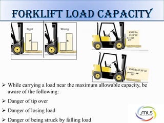  While carrying a load near the maximum allowable capacity, be
aware of the following:
 Danger of tip over
 Danger of losing load
 Danger of being struck by falling load
 