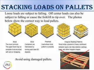 Loose loads are subject to falling. Off center loads can also be
subject to falling or cause the forklift to tip over. The photos
below show the correct way to load pallets.
Avoid using damaged pallets.
 