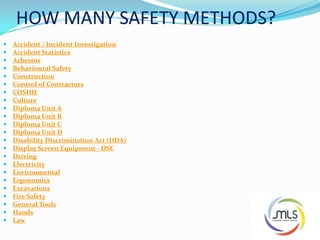 HOW MANY SAFETY METHODS?
 Accident / Incident Investigation
 Accident Statistics
 Asbestos
 Behavioural Safety
 Construction
 Control of Contractors
 COSHH
 Culture
 Diploma Unit A
 Diploma Unit B
 Diploma Unit C
 Diploma Unit D
 Disability Discrimination Act (DDA)
 Display Screen Equipment - DSE
 Driving
 Electricity
 Environmental
 Ergonomics
 Excavations
 Fire Safety
 General Tools
 Hands
 Law
 