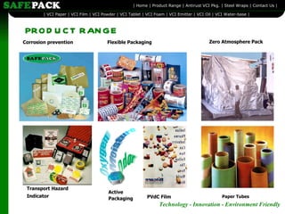PRODUCT RANGE Corrosion prevention Transport Hazard  Indicator Flexible Packaging Zero Atmosphere Pack Active  Packaging PVdC Film Paper Tubes 