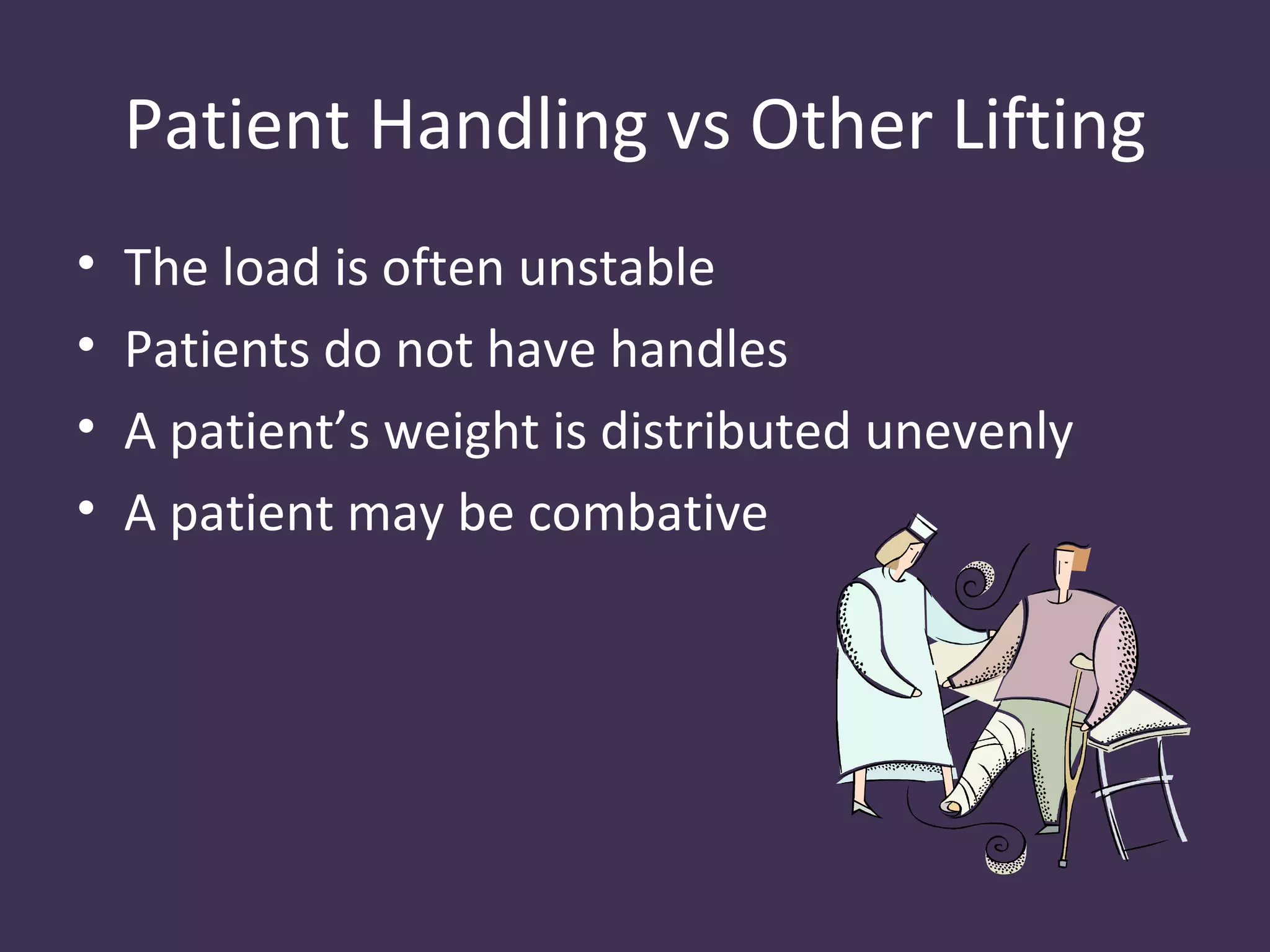 Patient Handling vs Other Lifting
•   The load is often unstable
•   Patients do not have handles
•   A patient’s weight is distributed unevenly
•   A patient may be combative
 
