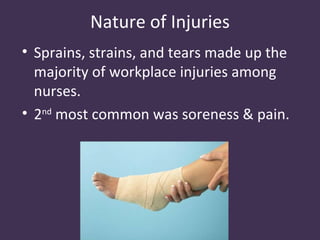 Nature of Injuries
• Sprains, strains, and tears made up the
  majority of workplace injuries among
  nurses.
• 2nd most common was soreness & pain.
 