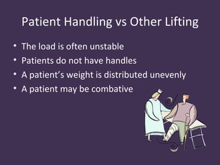 Patient Handling vs Other Lifting
•   The load is often unstable
•   Patients do not have handles
•   A patient’s weight is distributed unevenly
•   A patient may be combative
 