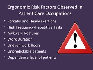 Ergonomic Risk Factors Observed in
        Patient Care Occupations
•   Forceful and Heavy Exertions
•   High Frequency/Repetitive Tasks
•   Awkward Postures
•   Work Duration
•   Uneven work floors
•   Unpredictable patients
•   Dependence level of patients
 