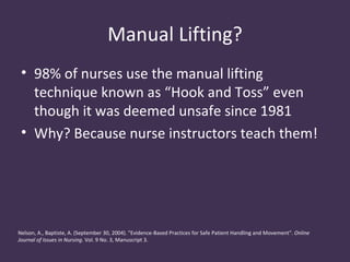 Manual Lifting?
 • 98% of nurses use the manual lifting
   technique known as “Hook and Toss” even
   though it was deemed unsafe since 1981
 • Why? Because nurse instructors teach them!




Nelson, A., Baptiste, A. (September 30, 2004). "Evidence-Based Practices for Safe Patient Handling and Movement". Online
Journal of Issues in Nursing. Vol. 9 No. 3, Manuscript 3.
 