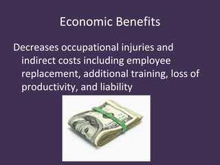 Economic Benefits
Decreases occupational injuries and
 indirect costs including employee
 replacement, additional training, loss of
 productivity, and liability
 