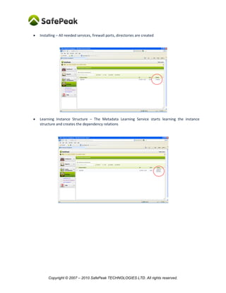 Copyright © SafePeak TECHNOLOGIES LTD. All rights reserved.
How to configure SQL Named Instance
SafePeak fully supports SQL Server Named Instances, for example: MyDBServerInstanceName.
To configure a named instance:
1) In the “SQL host or IP” – place only the host or IP of your server. Example: MyDBServer
2) In the “SQL port” – place only the Instance port. To find your instance port see “?” help:
3) SafePeak port can be the same or can differ from your SQL Server instance port.
SafePeak will be able to forward your application to the right port.
You application can connect to SafePeak as it is a regular named instance:
SafePeakIPInstanceName
4) In the connection string for the InstanceName use the real SQL Instance Name.
The installation process contains several phases:
 Installing – All needed services, firewall ports, directories are created
 Learning instance structure – The Metadata Learning Service starts learning the instance
structure and creates the dependency relations. The process usually takes several minutes, but
can also take few hours for SQL Instances with many databases and very complex schemas.
The 8/15 represents learning status = learning of 8 databases completed out of total 15.
While learning schema the Dashboard screen will show “Cache: Disabled(DDL)”.
Queries can arrive but the Cache is disabled/locked:
 Active – The Metadata Learning Service has completed learning the Instance Structure and
SafePeak is ready to accept requests for this instance.
 