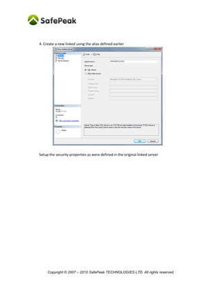 Copyright © SafePeak TECHNOLOGIES LTD. All rights reserved.
In many cases knowing the application or reading the query helps determine that the sql pattern can be
set for cache. For example: “select datepart(day, getdate())” is a cacheable query, as the result remains
the same until 00:00:00 o’clock. Another example is when a user knows that certain column all date
values are set to date only, like “12-Apr-2010 00:00:00” so all queries that have a getdate() condition to
such column will have the same result within scope of single day. A use third case is when a small period
of caching can create great benefit to the application. In all these cases it is up to the SafePeak
Administrator to activate and configure caching of the pattern.
In these cases, the pattern can be manually applied and configured, with or without advanced caching
rules, for providing performance and scalability for the application and the database.
 
