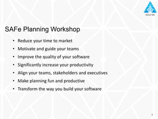 AGILE MEAGILE ME
• Reduce your time to market
• Motivate and guide your teams
• Improve the quality of your software
• Significantly increase your productivity
• Align your teams, stakeholders and executives
• Make planning fun and productive
• Transform the way you build your software
SAFe Planning Workshop
3
 