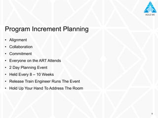 AGILE MEAGILE ME
• Alignment
• Collaboration
• Commitment
• Everyone on the ART Attends
• 2 Day Planning Event
• Held Every 8 – 10 Weeks
• Release Train Engineer Runs The Event
• Hold Up Your Hand To Address The Room
Program Increment Planning
9
 