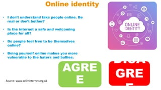 Online identity
• I don’t understand fake people online. Be
real or don’t bother?
• Is the internet a safe and welcoming
place for all?
• Do people feel free to be themselves
online?
• Being yourself online makes you more
vulnerable to the haters and bullies.
Source: www.saferinternet.org.uk
AGRE
E
DISA
GRE
 