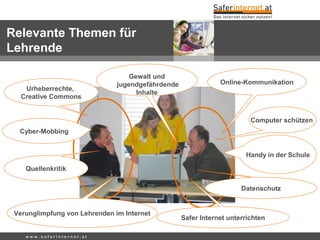 w w w . s a f e r i n t e r n e t . a t
Urheberrechte,
Creative Commons
Cyber-Mobbing
Handy in der Schule
Verunglimpfung von Lehrenden im Internet
Datenschutz
Gewalt und
jugendgefährdende
Inhalte
Online-Kommunikation
Quellenkritik
Computer schützen
Safer Internet unterrichten
Relevante Themen für
Lehrende
 