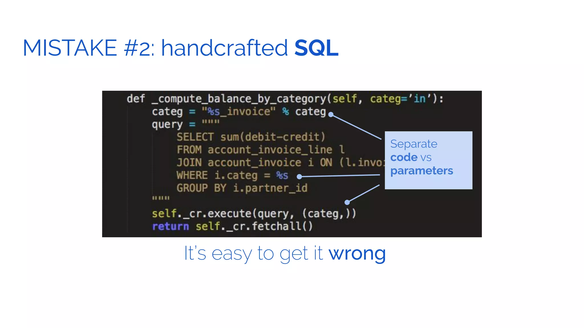 GOAL.MISTAKE #2: handcrafted SQL
It’s easy to get it wrong
Separate
code vs
parameters
 