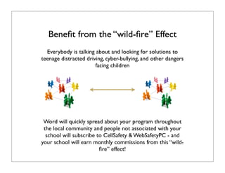 Beneﬁt from the “wild-ﬁre” Effect
  Everybody is talking about and looking for solutions to
teenage distracted driving, cyber-bullying, and other dangers
                       facing children




 Word will quickly spread about your program throughout
 the local community and people not associated with your
  school will subscribe to CellSafety & WebSafetyPC - and
your school will earn monthly commissions from this “wild-
                         ﬁre” effect!
 