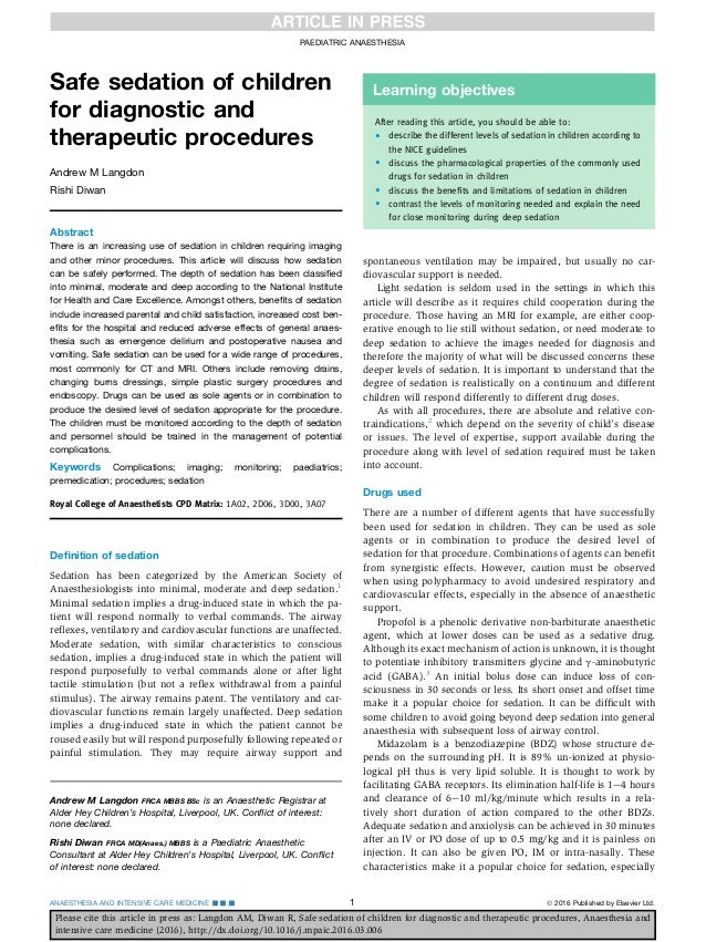 Safe Sedation Children Diagnostic Therapeutic Procedures - 