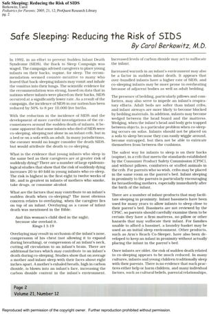 Safe Sleeping: Reducing the Risk of SIDS
Berkowitz, Carol
Pediatrics for Parents; 2005; 21, 12; ProQuest Research Library
pg. 2




Reproduced with permission of the copyright owner. Further reproduction prohibited without permission.
 