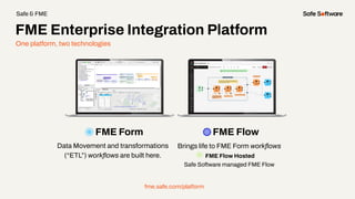 One platform, two technologies
FME Form FME Flow
Data Movement and transformations
(“ETL”) workﬂows are built here.
Brings life to FME Form workﬂows
FME Flow Hosted
Safe Software managed FME Flow
fme.safe.com/platform
FME Enterprise Integration Platform
Safe & FME
 