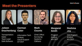 Joleen
Drachenberg
Transportation
Sales
Team Lead
Safe Software
Meet the Presenters
Carman
Cater
Information Tech
Analyst,
Cloud Support
CT DOT
Mark
Counts
Chief, Office
Surveying
Systems
Caltrans
Margaret
Smith
Program
Analyst
WV DOT
Reshma
Joy
GIS Program
Analyst
WV DOT
 